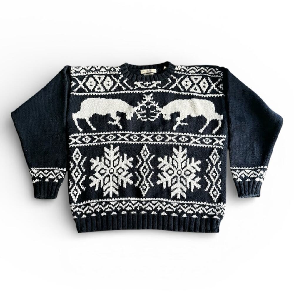 Battling Caribou Nordic Fair Isle Sweater Navy Blue Cotton Size Large Hand Knit